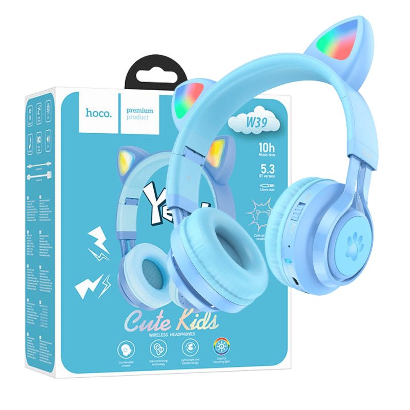 Hoco slušalice bežične sa mikrofonom, Bluetooth, mačje uši, blue W39